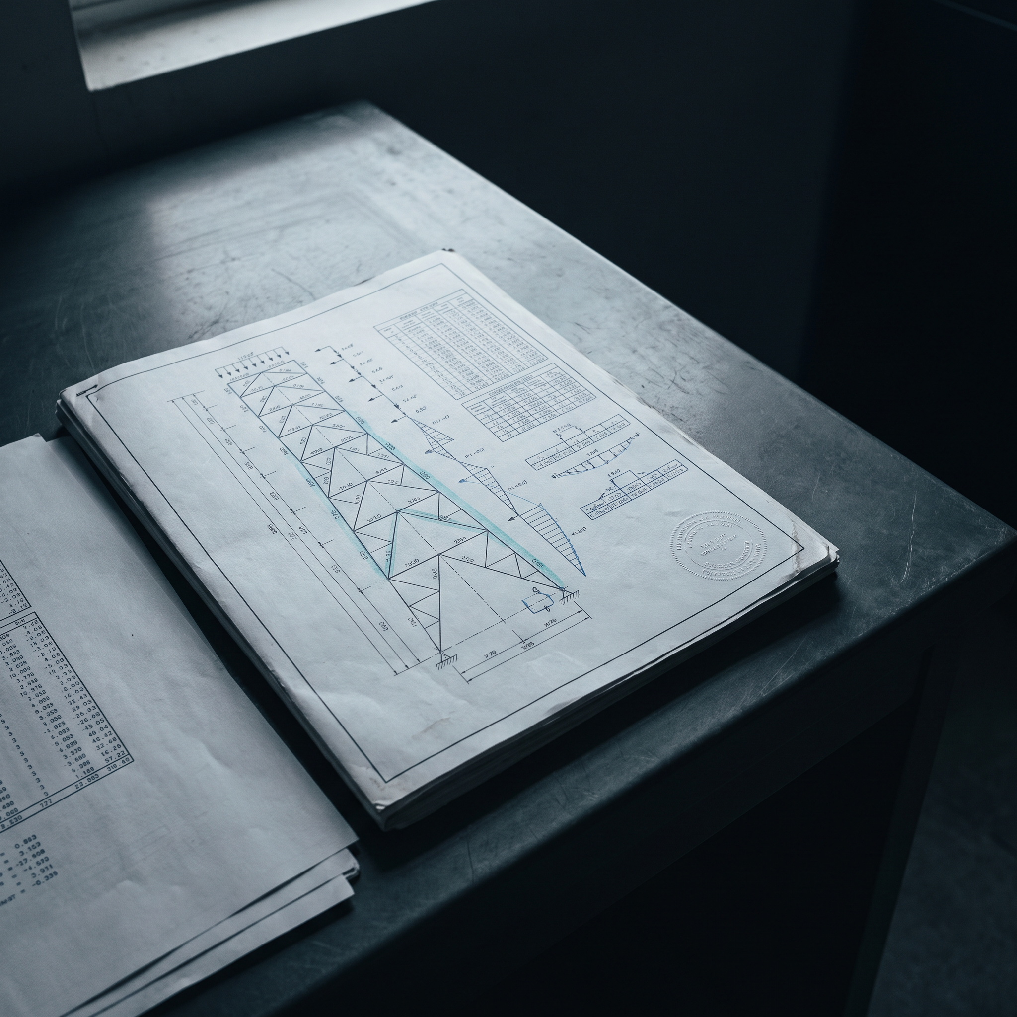 Structural calculation sheets on a workbench