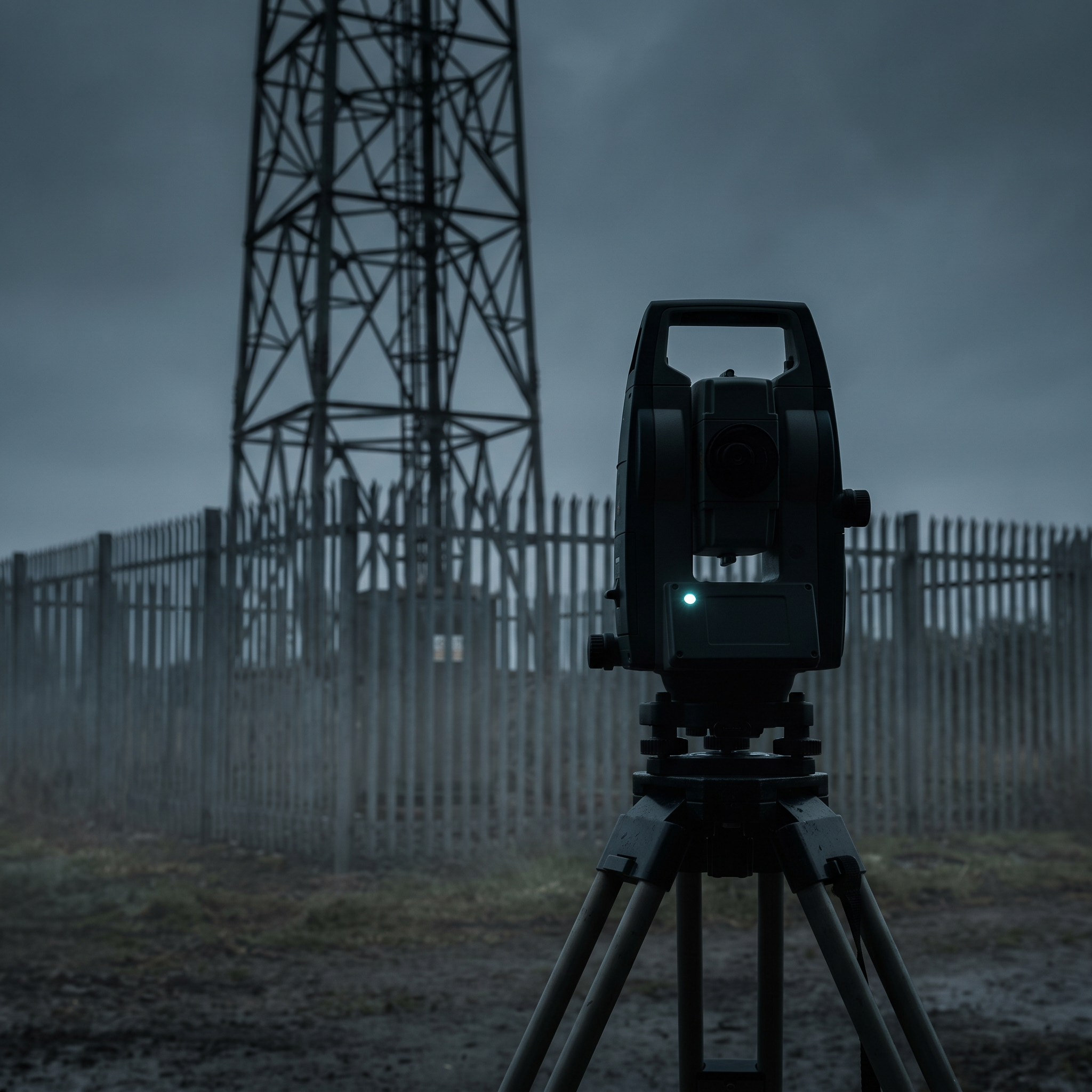 Total station set up in front of a fenced telecoms mast